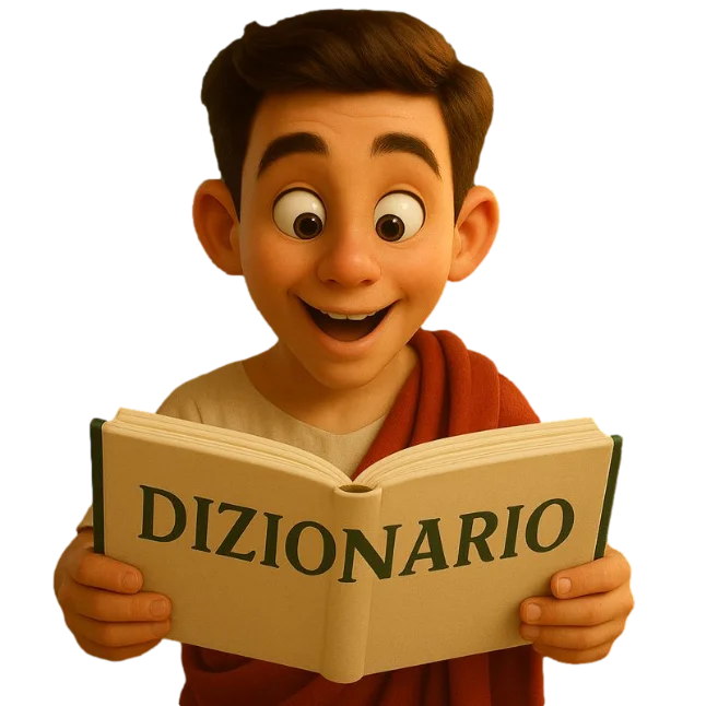 Personaggio che consulta il dizionario di latino